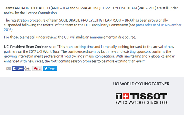 Confira trecho sobre a equipe brasileira no documento oficial da UCI